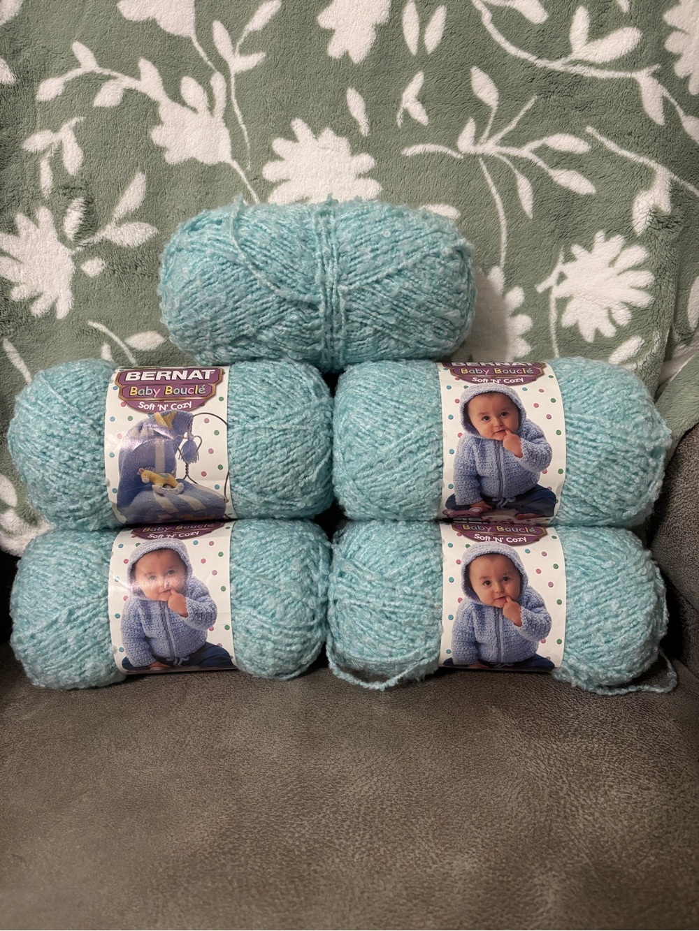 Bernat Baby Bouclé Soft Aqua Yarn - Plush 5 Light Blue Skeins
